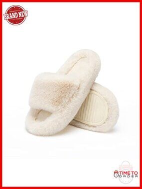 Faux Fur Lined Open Toe Memory Foam Slippers - US 12